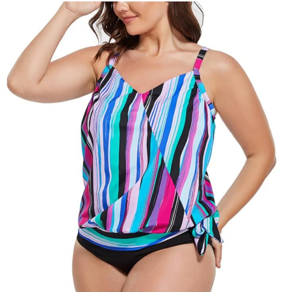 Fullfitall Color Bars Side Tie V-neck tankini top